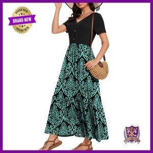 Short Sleeve Maxi Dress V Neck Empire Waist Knit with Pockets